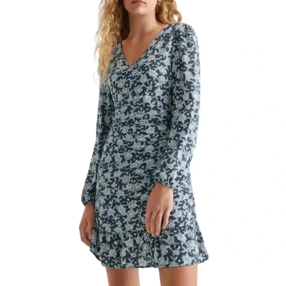 Mango Navy Ruched Flower Long Sleeve Short Dress Girls‎ Kids Medium NWT